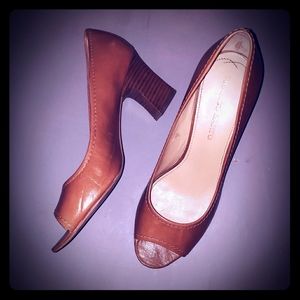 Franco starto tan leather open toe block heel 10m